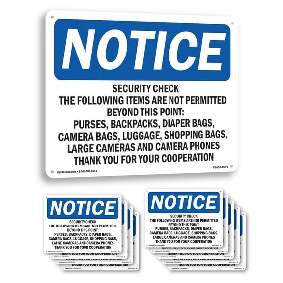 Security Check The Following Items Are Not OSHA Notice Rigid Plastic Sign 14 Inch x 10 Inch - 10 Pack