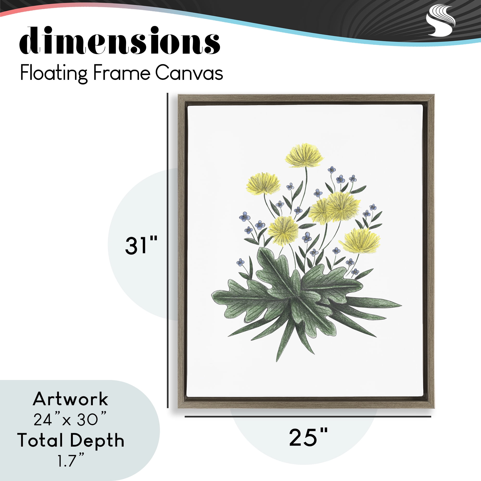 Dandelion Flower Illustration Brown Framed Floater Canvas Wall Art, design by Cecilia Battaini