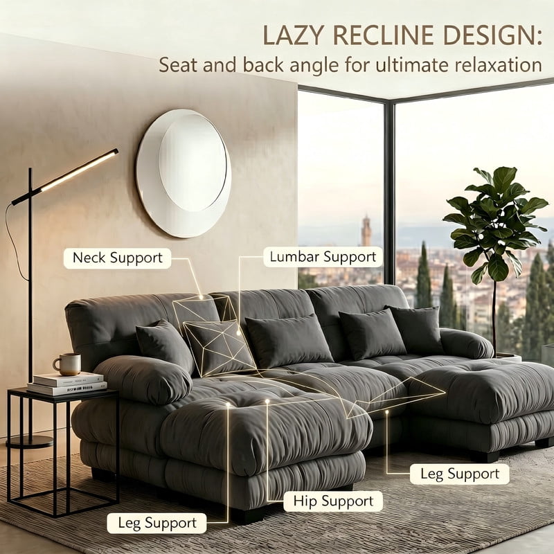 ANPPORT Cloud Couch Sleeper Sofa, Chenille Gray 3-Seater Modular Sofa with 2 Ottomans, 3 Lumbar pillows, 2 Pillows, Comfy Deep Seat Cloud Sofa, Convertible L-Shaped Floor Couch for Living Room