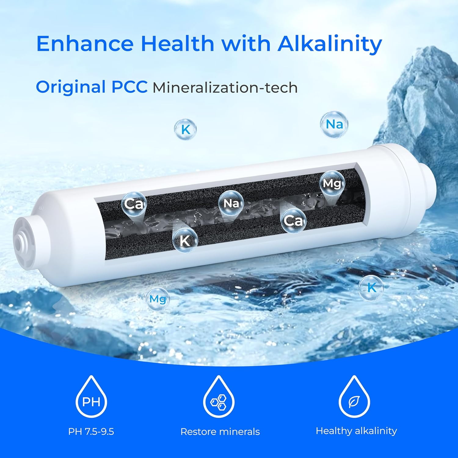 Waterdrop Alkaline Water Filter WD-ALK35, Alkaline Filter for Reverse Osmosis System, pH Balance and Restore Minerals for RO Alkaline Filter, Under Sink Water Filter, 1/4" Quick Connect