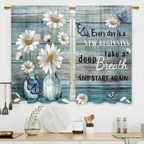 Farmhouse Wooden Daisy Kitchen Curtains Blue Teal Flower Inspirational Wood Floral Bathroom Curtains Window Treatment Drapes Tier Plank Cafe Small Bedroom Short Door Curtains 27.5x39 Inch