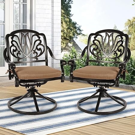 SOCIALCOMFY Outdoor Patio Swivel Dining Chairs Set of 2, Cast Aluminum Floral Dining Rocker Chair Set, All-Weather Patio Bistro Swivel Chairs with Khaki Cushions for Balcony, Backyard, Garden