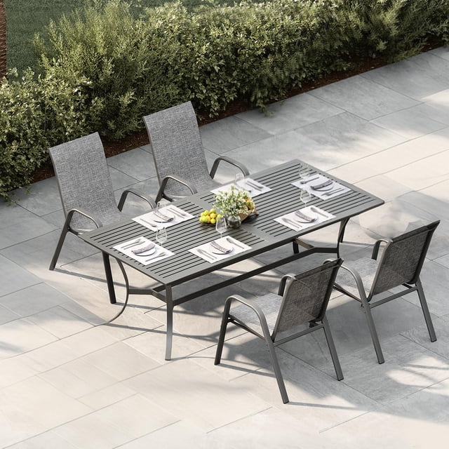 Memoryfield Patio Chairs Set of 4, Stackable Outdoor Dining Chairs with Textilene Fabric, for Backyard, Poolside, Garden, Balcony, Grey