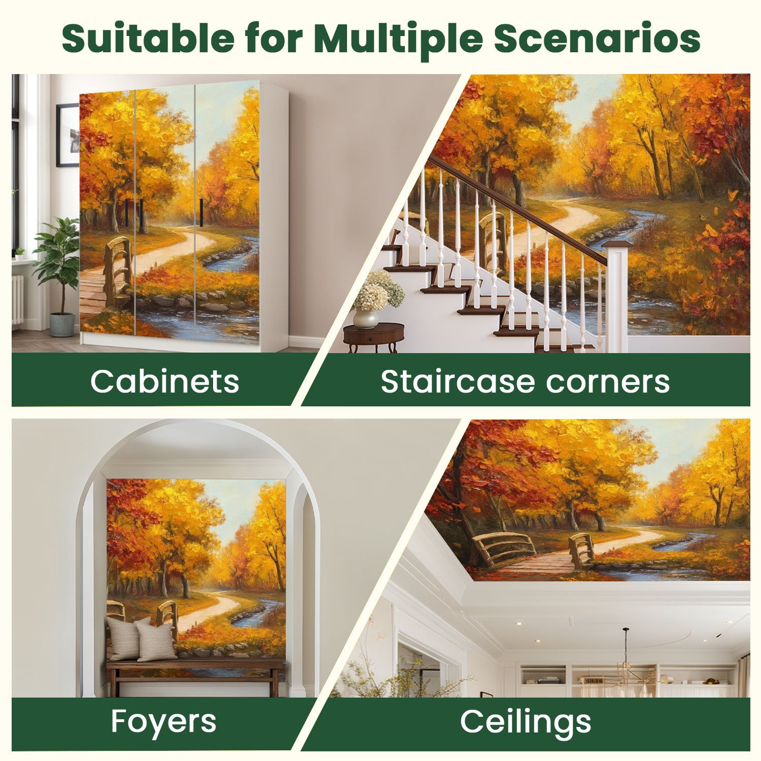 Peel and Stick Wallpaper Oil Painting Autumn Forest River Bright Red Leaves Colorful Bridge Modern Art Wall Mural Decor Self Adhesive and Removable 100in x 144in