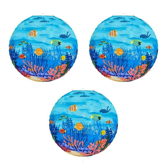 Set of 3 Ocean Theme Paper Lanterns Blue Hanging Decoration for Party Wedding