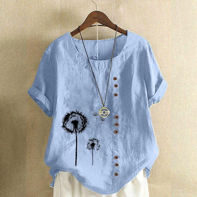 Lydiaunistar Women's Spring Tops Plus Size Casual Round-Neck Printed Short Sleeve Button-Up Blouse T-Shirt Polyester Lightweight for Summer Light Blue