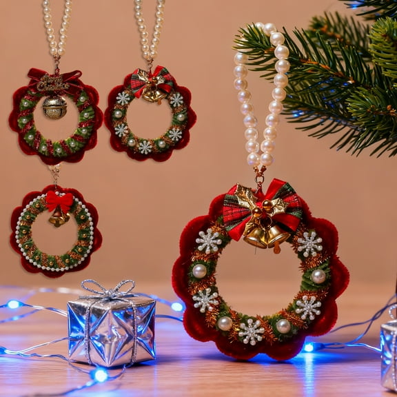 Christmas Wreath Garland, Rattan Ring Pendant Decor, Plastic Holiday Decoration, Red Bells and Bows, Home Door Hanging