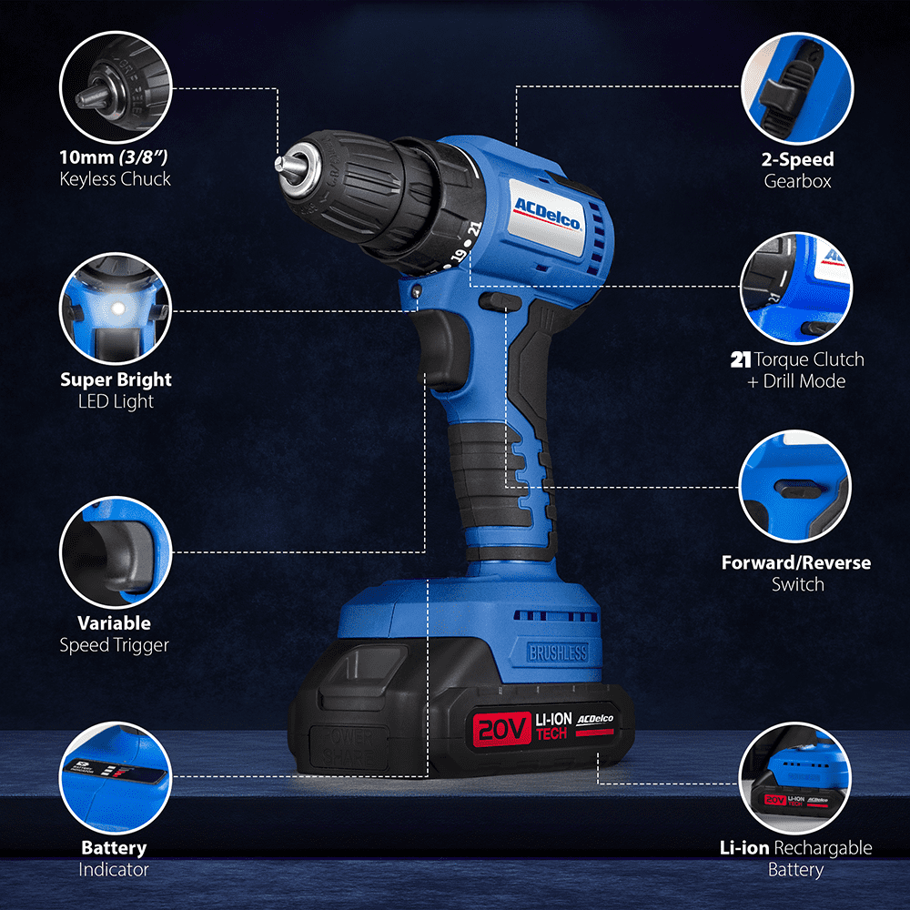 ACDelco ARD20137P 20V Cordless Drill Set, Power Drill Kit with Battery and Charger, 2 Speed setting, 21Position, 400 In-lb Torque, Electric Power Drill, Driver Bits