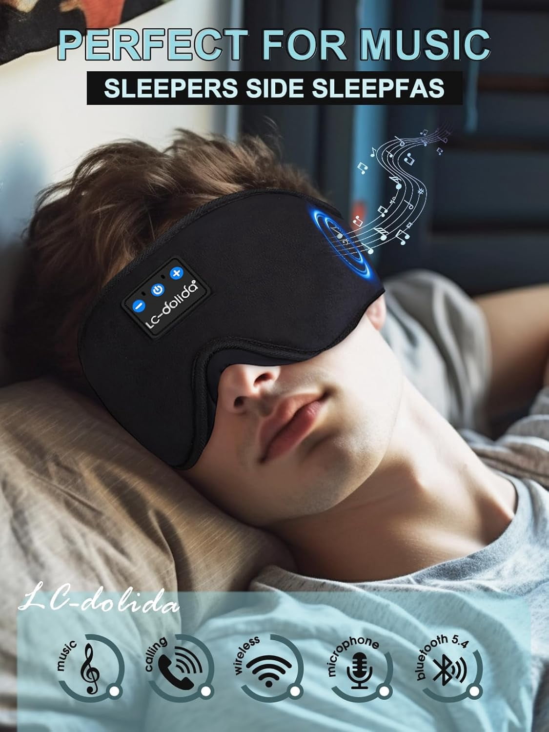 3D Sleep Mask with Bluetooth Headphones, Sleeping Headphones for Side Sleepers, Adjustable Sleeping Mask with Stereo Speaker for Travel Meditation Gift