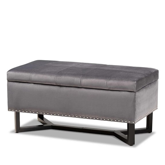 Bowery Hill Grey Velvet and Brown Finished Wood Storage Ottoman