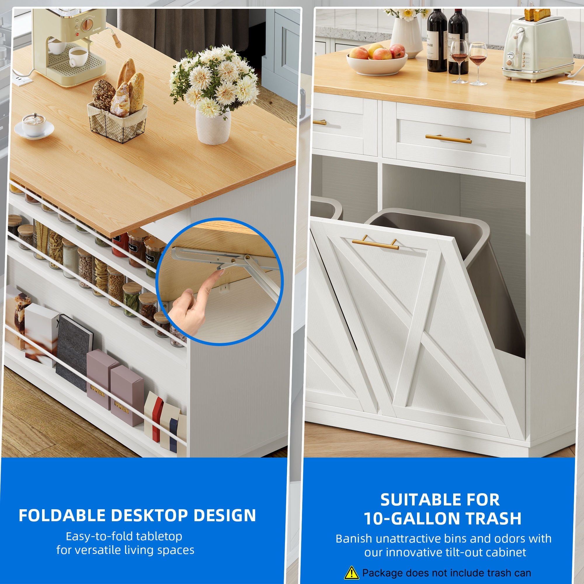 Uforic Kitchen Storage Cart with Drop Leaf & Shelves, Kitchen Island Table with Power Outlets & Trash Storage, White