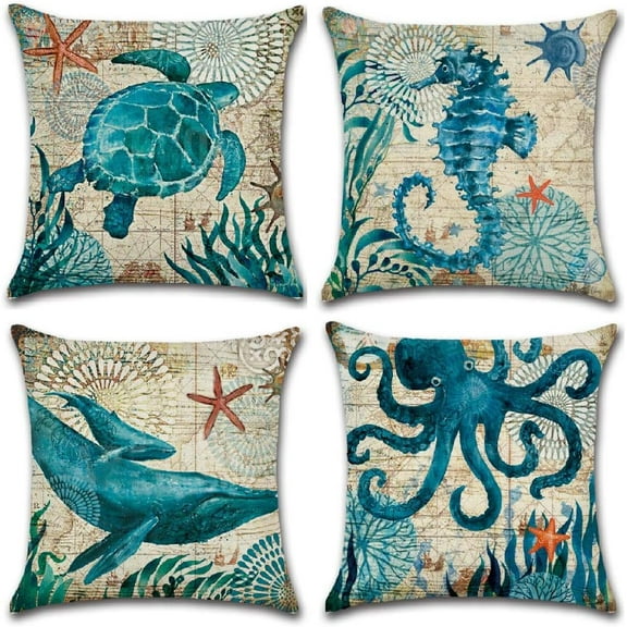 Ocean Theme Pillow Covers Set of 4, Decorative Cotton Linen Square Outdoor Sea Turtle Seahorse Whale Octopus Pattern Throw Cover Pillow Case for Beach Car Sofa Bed Couch 18 x 18 inch