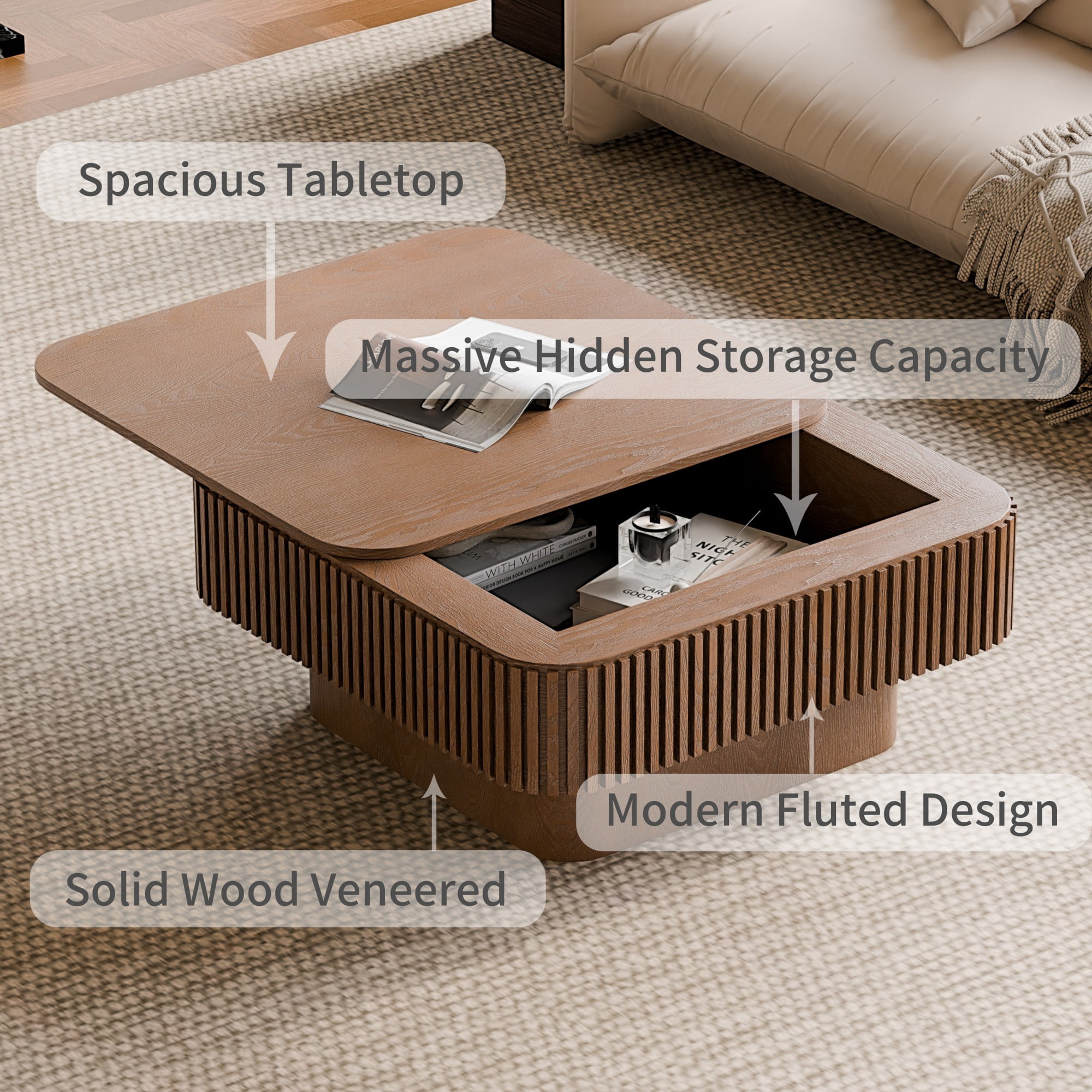 31.5" Square Coffee Table with Storage, Modern Fluted Coffee Table with Hidden Compartment, Wood Veneer Center Table for Living Room, Walnut
