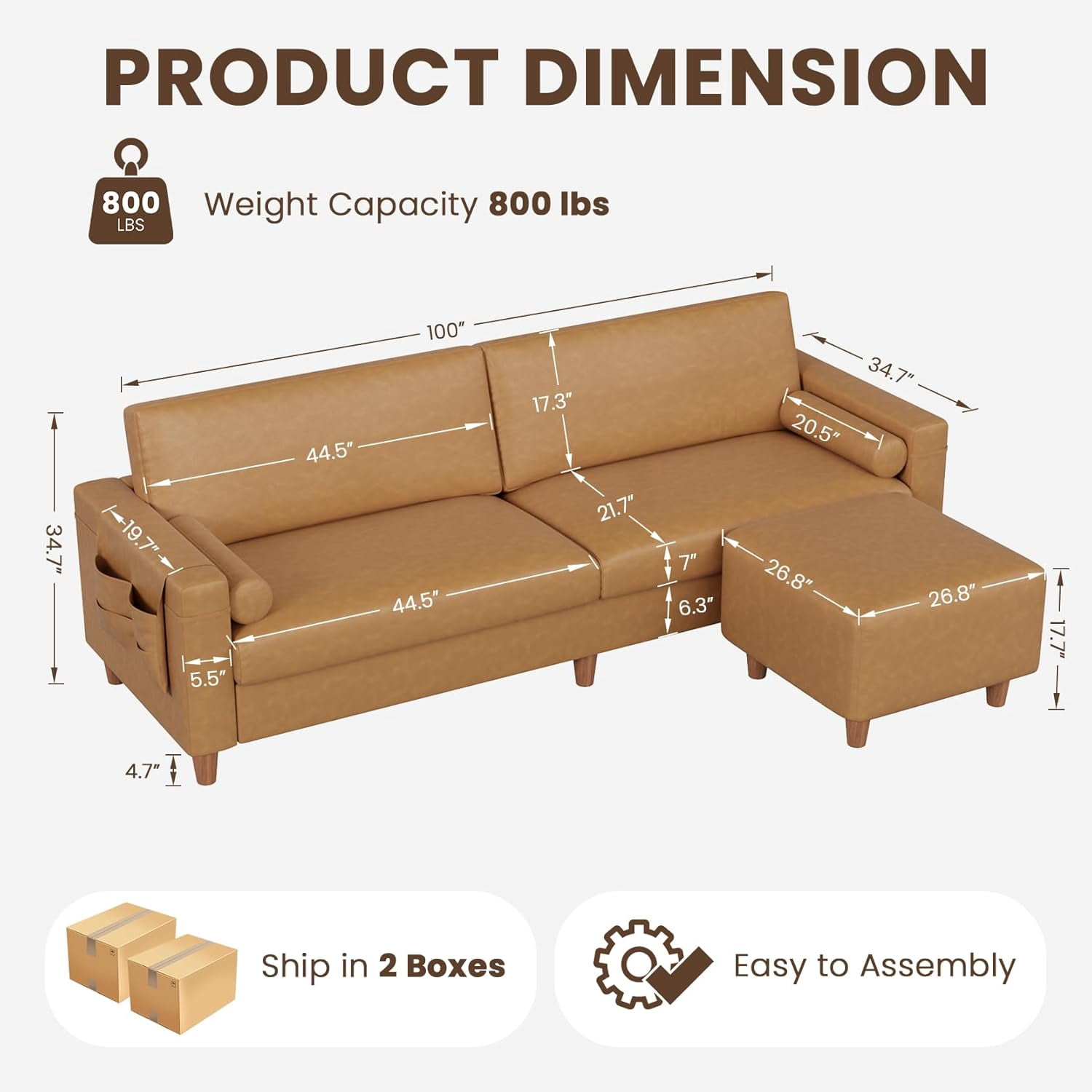 Neche 100" Faux Leather Sofa with Movable Ottoman, Large 2 Seater L Shaped PU Leather Couch with Side Pocket, Comfy Mid Century Modern Modular Sectional Sofa for Living Room, Apartment, Camel