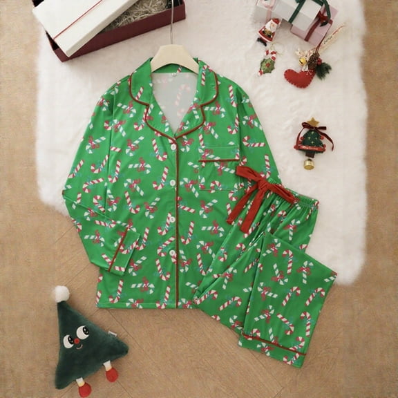 Cute Fall Pajamas For Women Set Fashion Loose Casual Funny Xmas Graphic Collar Long Sleeve Button Up Christmas Loungewear Soft Two Piece Holiday Sleepwear Pant With Pockets