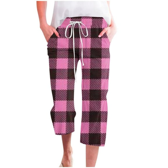 VERUGU Capri Pants for Women Fashion Plaid Print Pants Elastic Waist Drawstring Loose Casual Straight Leg Capris with Pockets Purple M