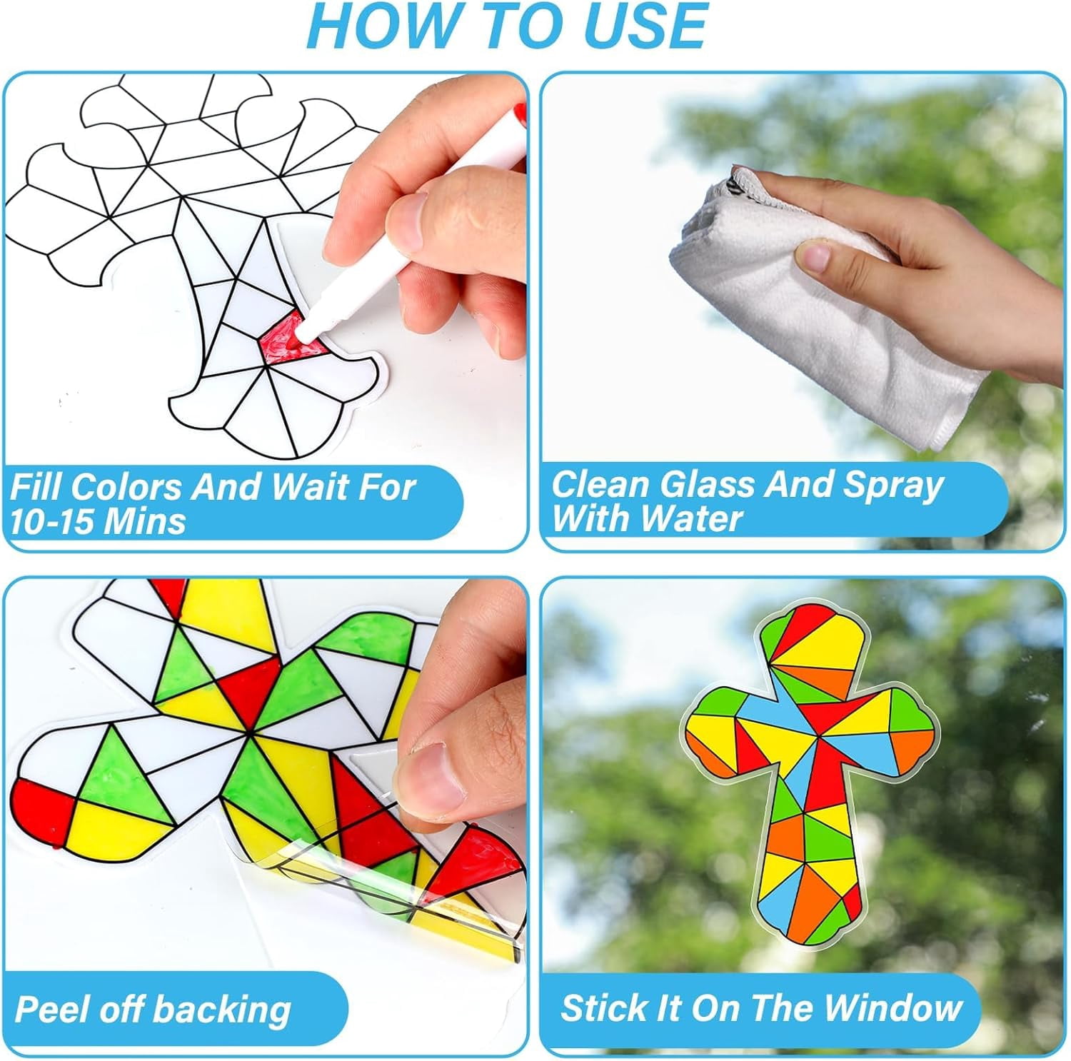 Hltser 30 Pack Easter Cross Window Suncatchers Crafts Kit for Kids Christian Religious DIY Coloring Crafts Window Clings Stickers Kit Sunday School Bible decor with 10 Markers for Home Cl