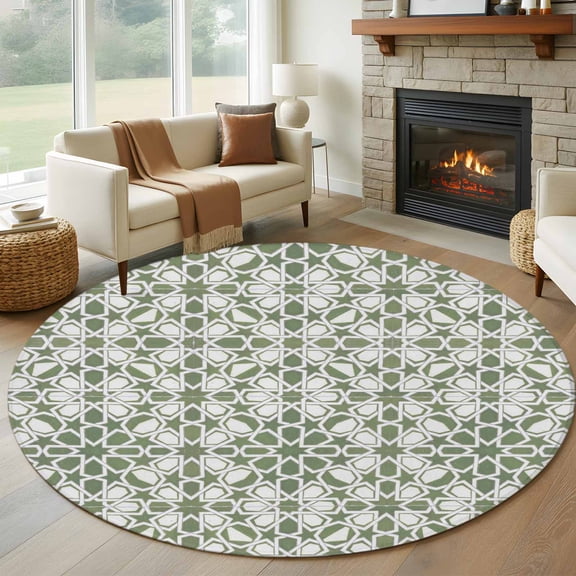 Sage Green Round Area Rug 5Ft Washable Circle Rugs for Living Room Bedroom, Retro Abstract Morocco Geometric Texture Non-Slip Carpet Floor Mats Indoor Outdoor Carpet Runner Aesthetic Home Decor