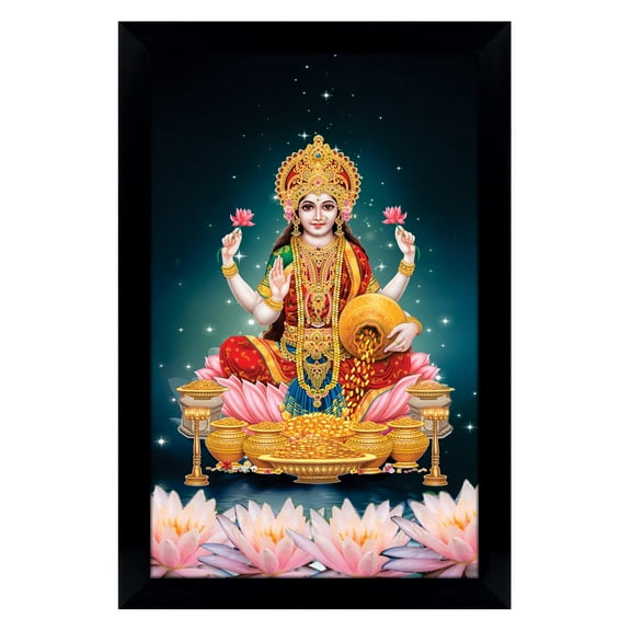 IBA Indianbeautifulart Goddess Lakshmi Picture Frame Religious Poster Black Wall Frame Deity Photo Frame Wall Decor For Home/ Office/ Temple-6 x 8 Inches