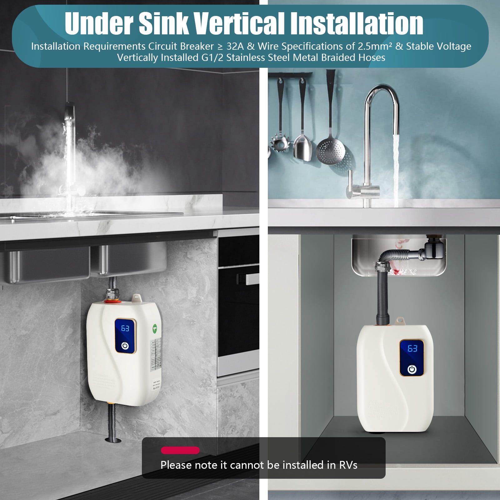3000W Mini Electric Water Heater, Under Sink Instant Water Heater with 3.44ft Power Cord for Kitchen 110V
