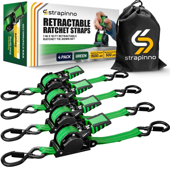 Strapinno Retractable Ratchet Straps 1 in x10ft, with Rubber-Coated Handles, S-Hooks, Secure Cargo Tie-Downs for Motorcycles, Bikes & Daily Use, Breaking Strength -1,500LBS/680KG (4 PK, Green)