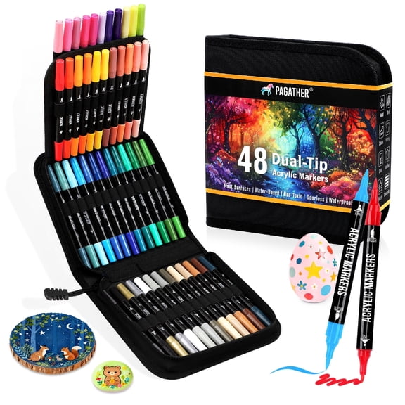 48 Colors Acrylic Paint Markers, Dual Tip with Fine Tip and Brush Tip Pens for Stone, Wood, Calligraphy, Canvas, Ceramic, Metal, Glass, Rock Painting, DIY Crafts Art Supplies Kit