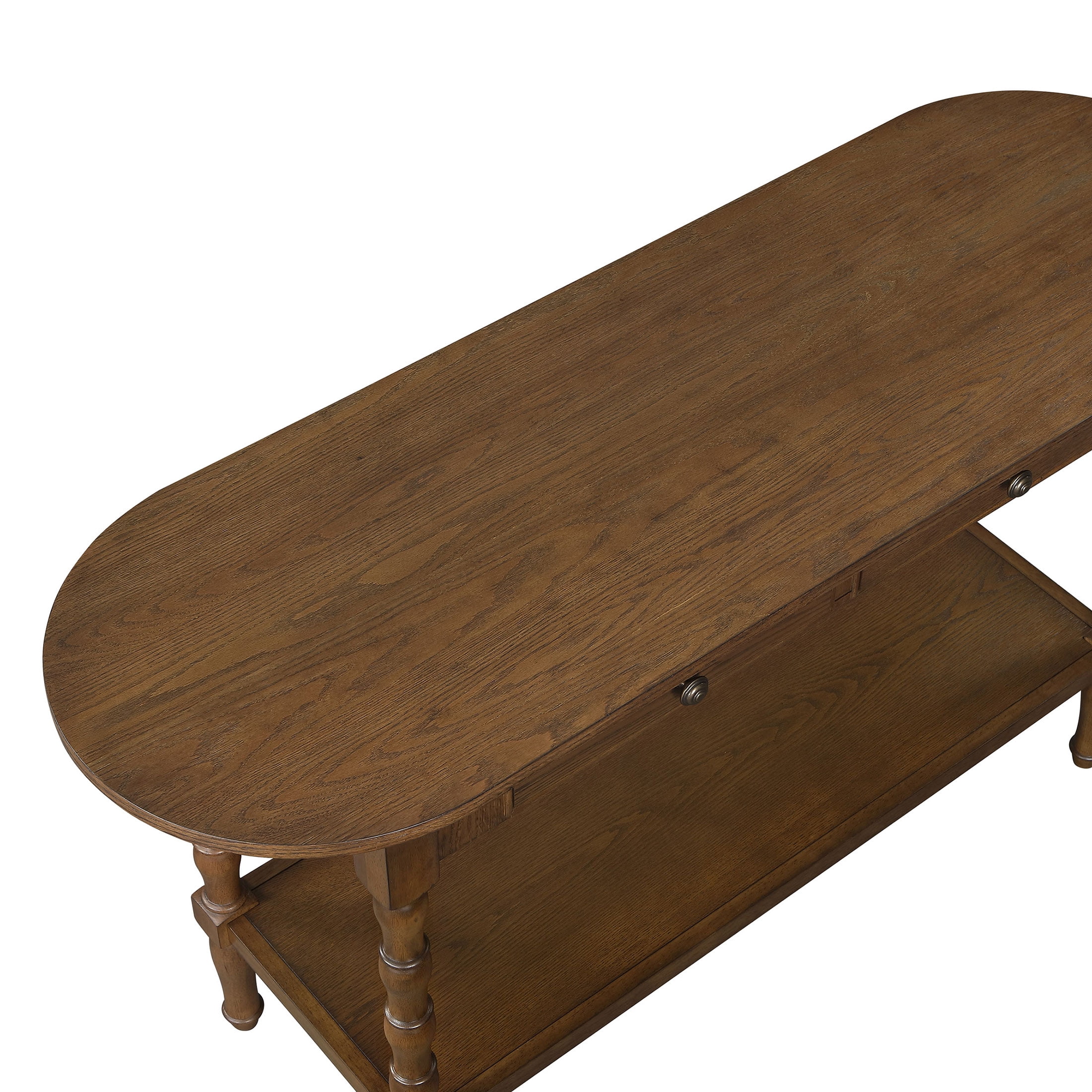 My Texas House Lewis Console Table in Warm Brown with Oval Top and Storage Drawers
