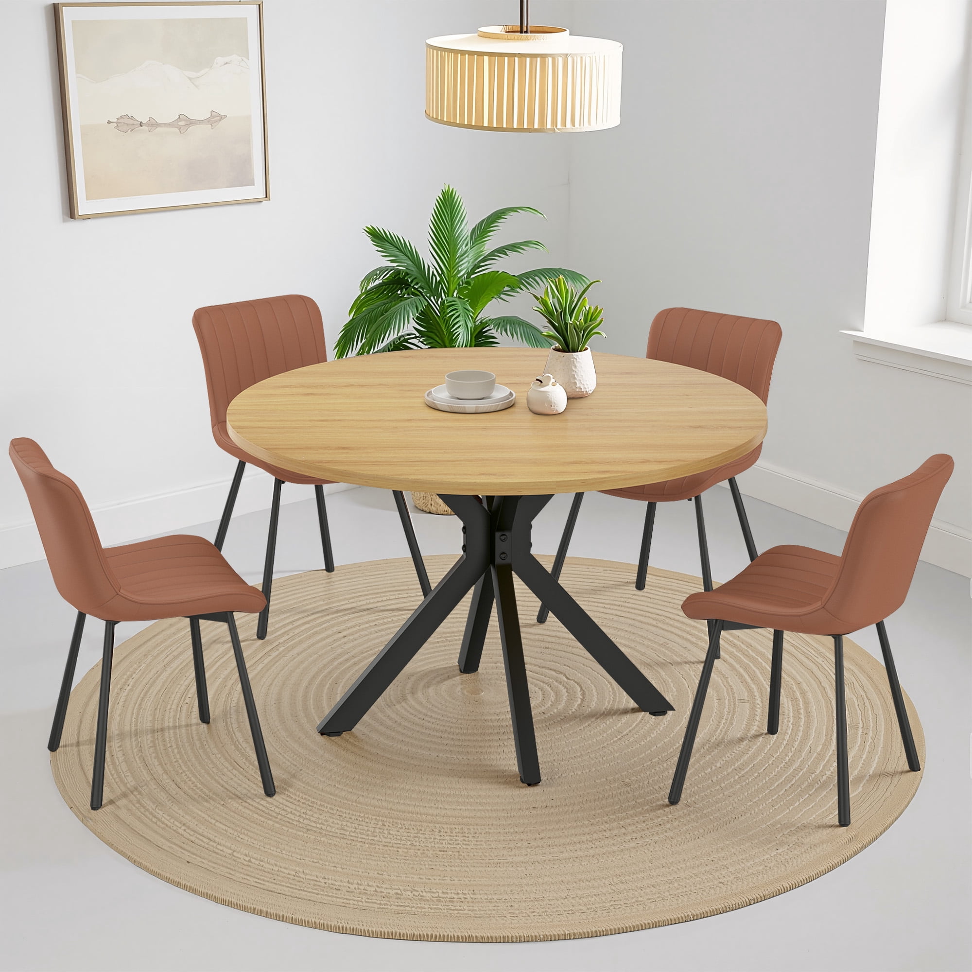 MAYEERTY 47"Round Modern Dining Table Fits 4-6, Farmhouse Style,Metal Frame for Kitchen/Dining Room, Nature