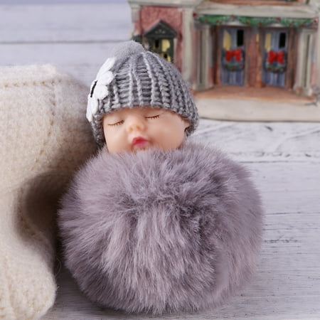 

NUOLUX Sleep Baby Doll Ball Pompom Pendant Key Chain Keychain Car Bag Keyring Toy (Light Grey)