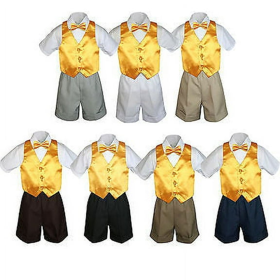 4pc Set Boy Toddler Formal Yellow Vest and Bow tie White Black Khaki Shorts S-4T
