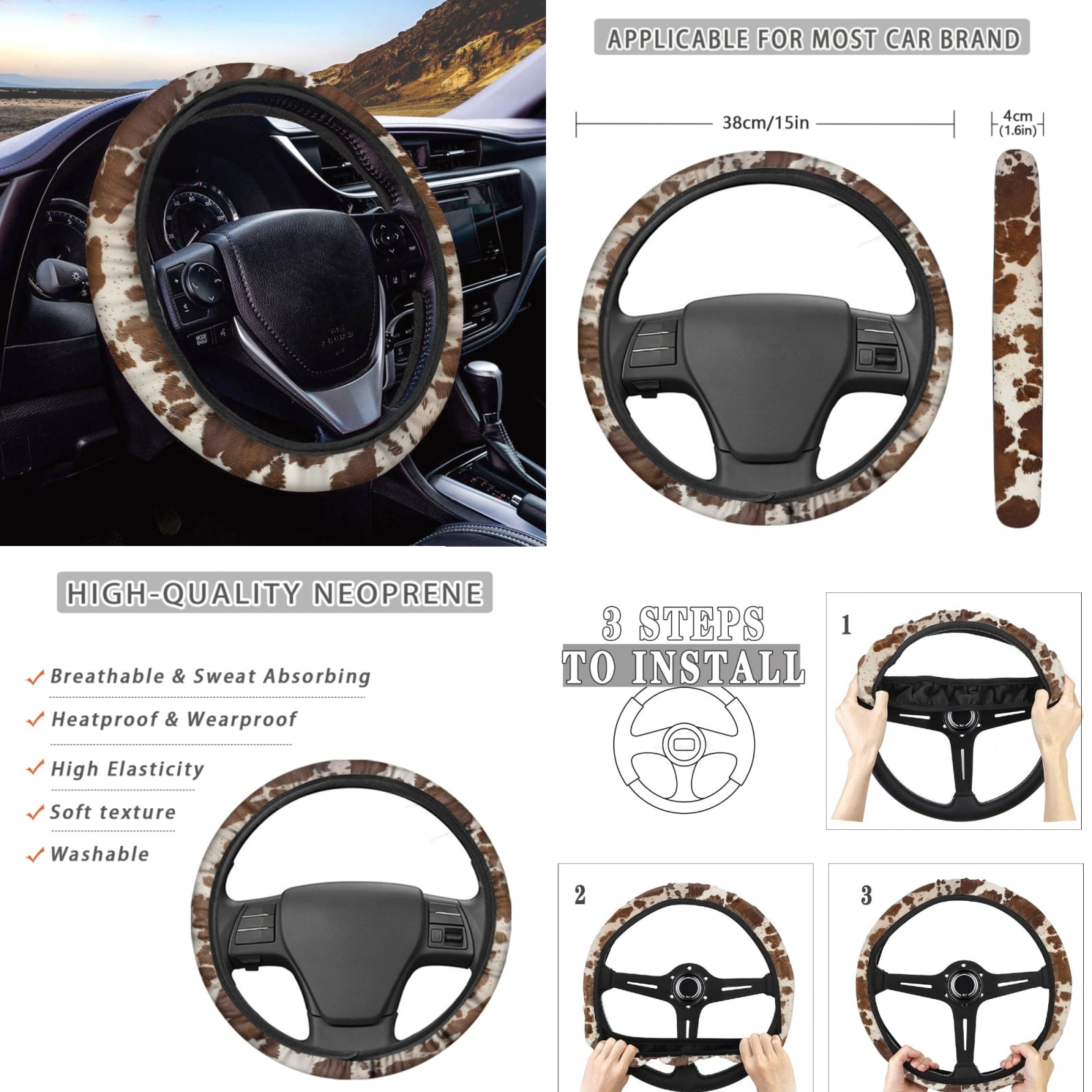 Renewold Light Brown Cow Print Car Seat Cover Front Back Seat Protector with Steering Wheel Cover,Belt Pad,Armrest Pad Handbrake Cover Gear Shift Cover Universal Fit Car Accessories