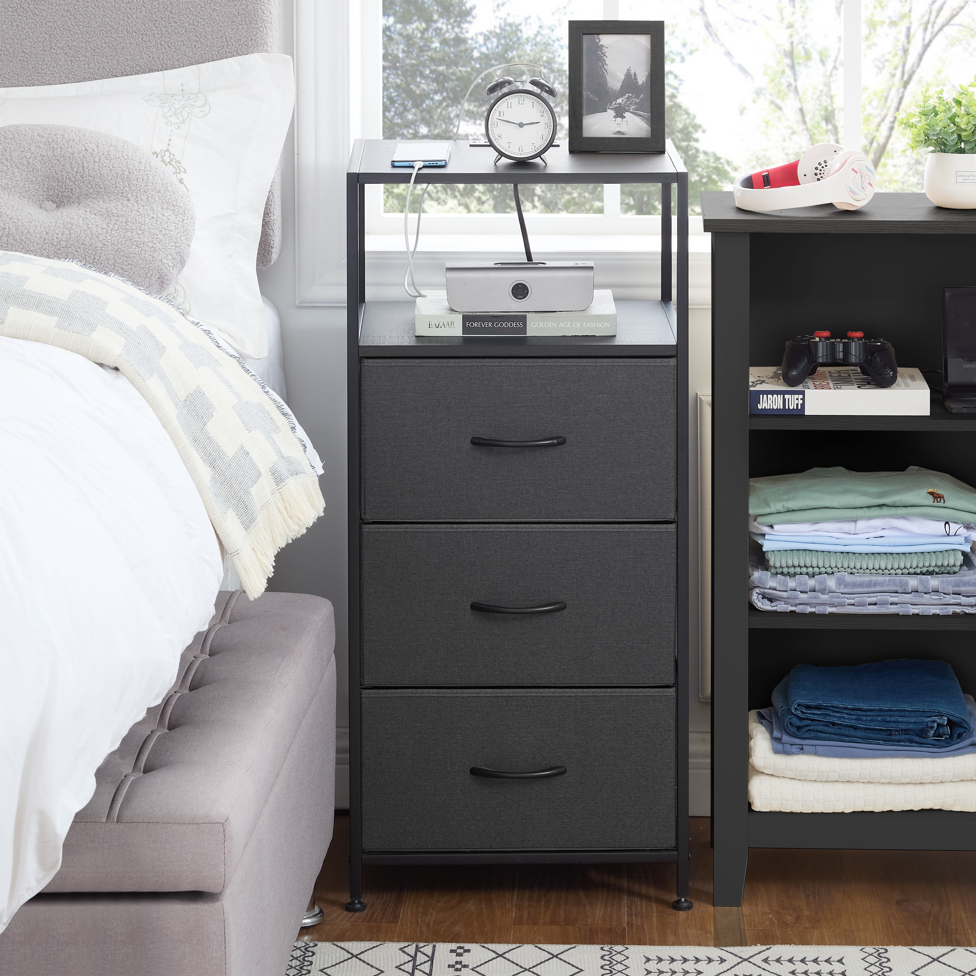 (2 pack) Mainstays 3 Drawer Fabric Nightstand with USB, Grey