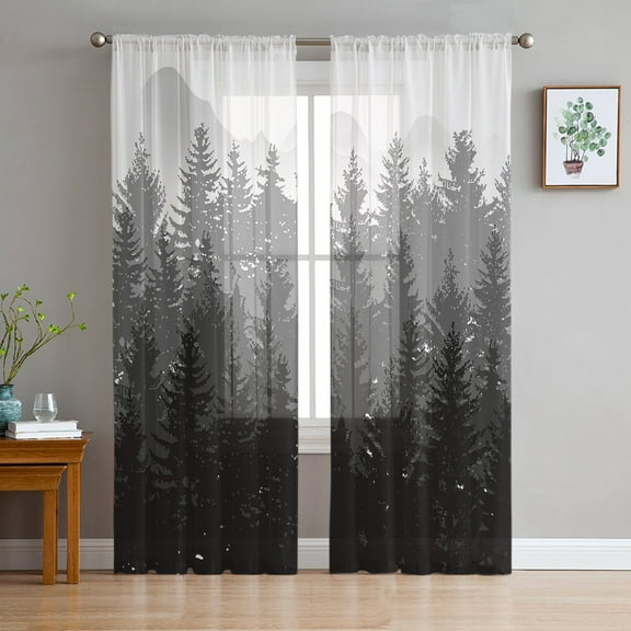 Fall Autumn Tree, Semi Sheer Curtains 84 Inch Length 2 Panels Set, Forest Grey Black Wood-land Mountain Sheer Kitchen Curtain Privacy Voile Window Curtain for Living Room Bedroom Rod Pocket Drapes