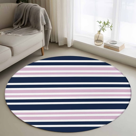 Pink and Round Living Room Rugs 3.3 ft, Dark Blue Stripes Minimalist Modern Geometric Washable Area Rug with Non-Slip Sturdy Edge Binding Round Front Door Mat Floor Carpet for Entryway