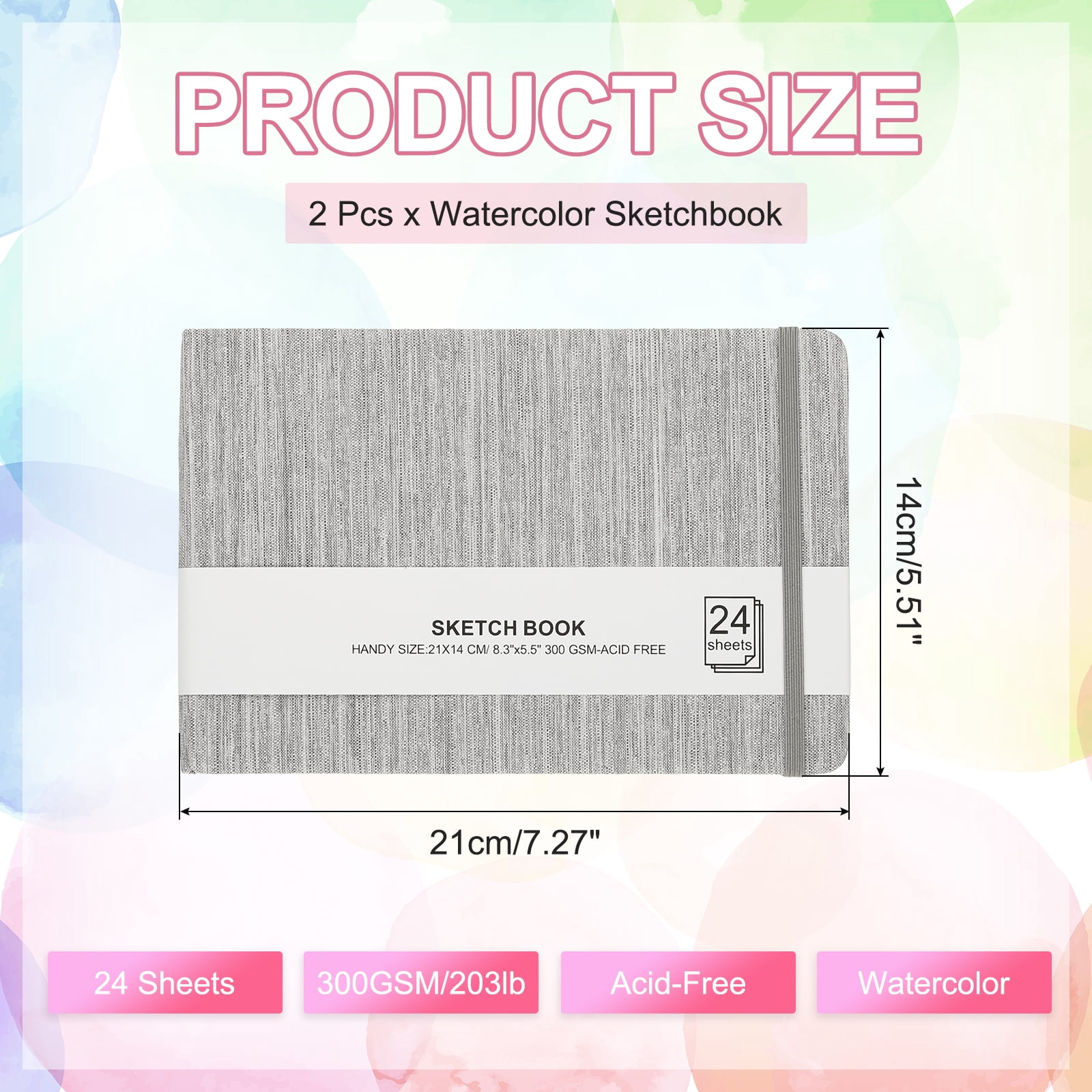 Uxcell 8.3x5.5" Square Watercolor Sketchbook, 2Pcs 24 Sheet 300gsm/140lb, Light Gray