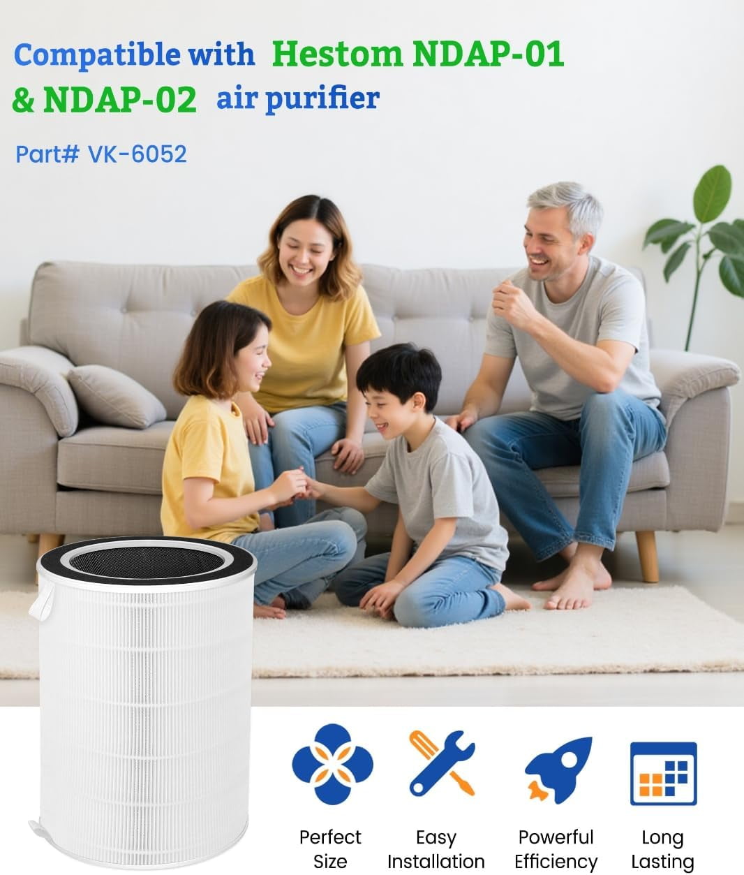 NDAP-01 NDAP-02 Replacement Filter Compatible with Hestom HEPA Air Purifiers, True HEPA Activated Carbon Filter, Compare to Part # VK-6052, 1-Pack