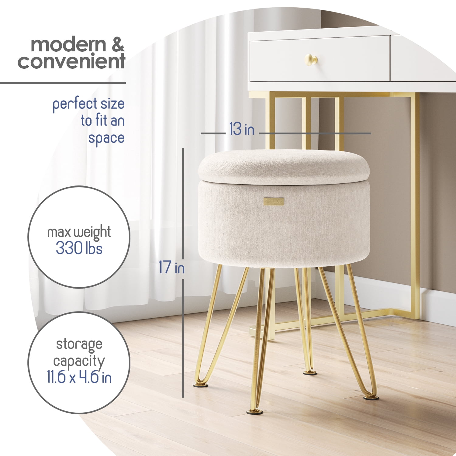 LammaLoe Small Round Ottoman with Storage, Textured Velvet Ottoman Foot Stool with Lid, Upholstered Vanity Stool for Living Room & Bedroom, Cream