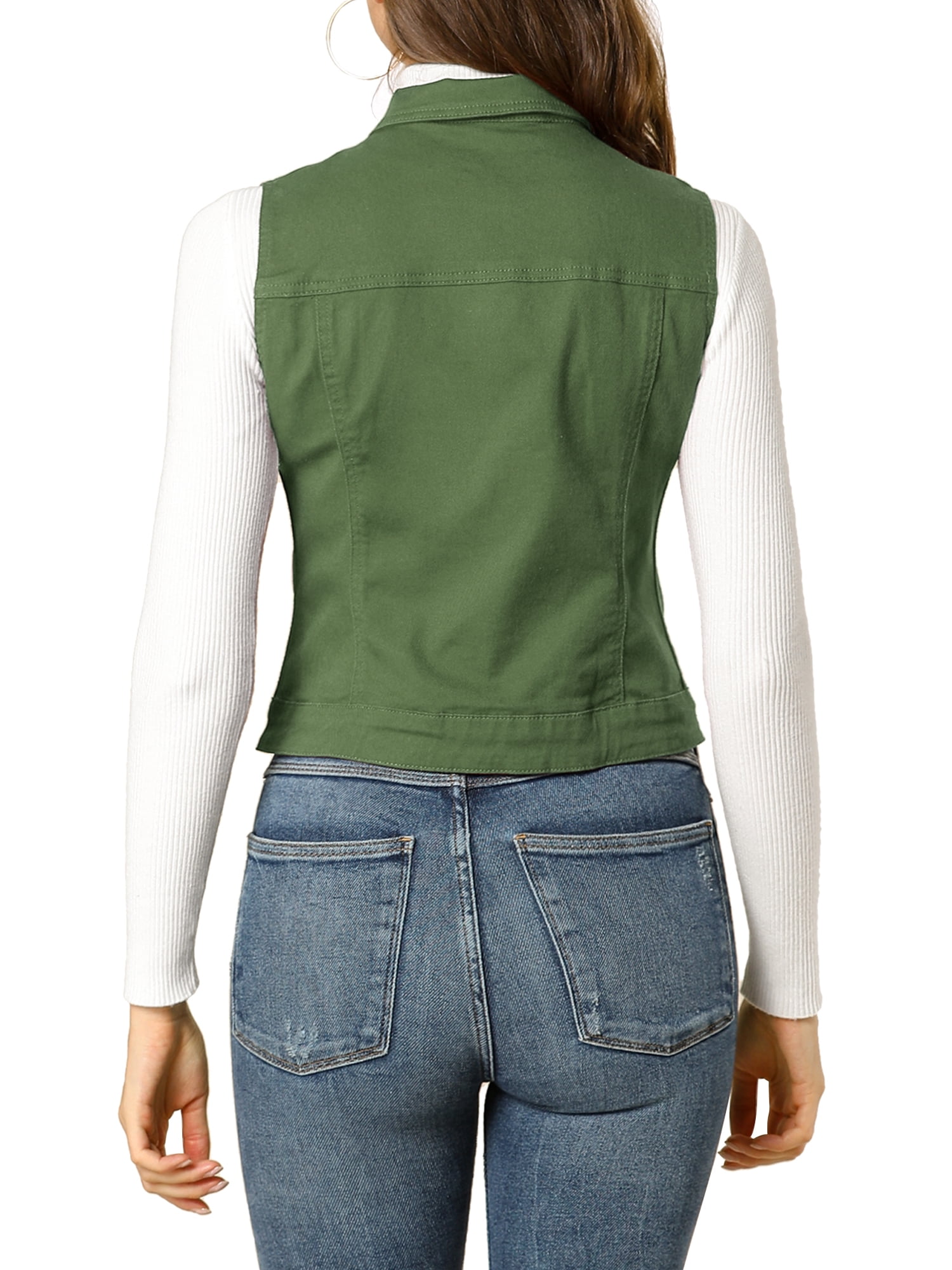 DARING DIVA Women's Denim Sleeveless Flap Pockets Vest Jacket S Olive Green