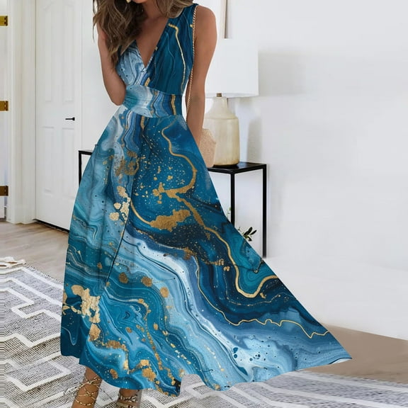 XWSHYW Dresses for Women Fashion Geometric Pattern Sleeveless Beach Long Dress Sexy V Neck Loose Fit Casual Dresses