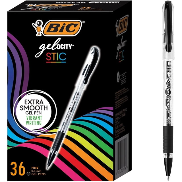 BIC Gel-ocity Smooth Stic Gel Pen, Fine Point (0.5mm), Black Ink, 36-Count, Vibrant and Smooth Gel Ink Pens-(Black)