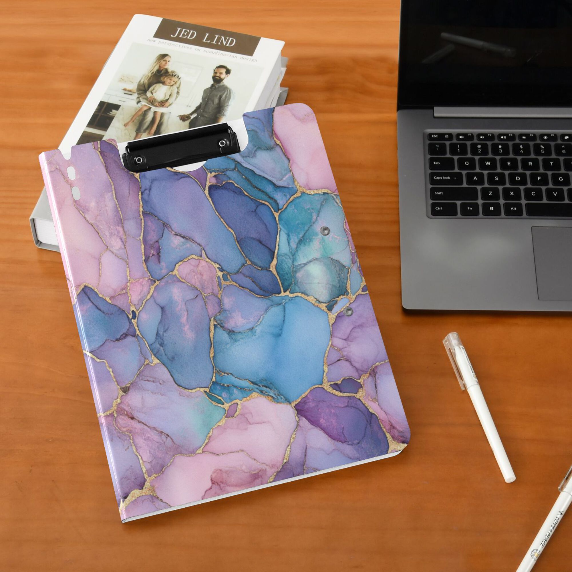 FORMRS A4 Clipboard Folder with Pen Holder Horizontal Foldable School Office Binder, Pink Marble Pattern
