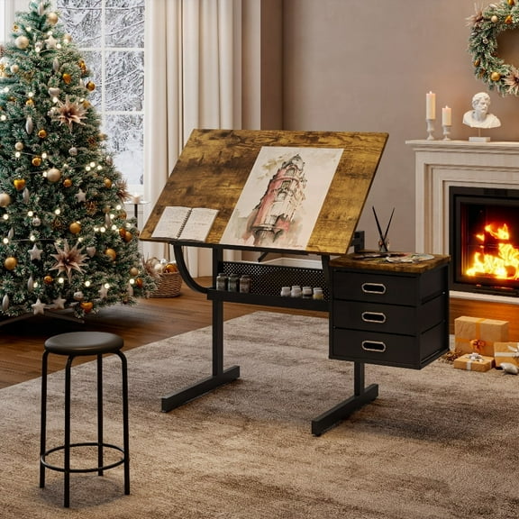 Black Drafting Drawing Table with 3 Drawers and Stool, Adjustable 0-75 Degrees