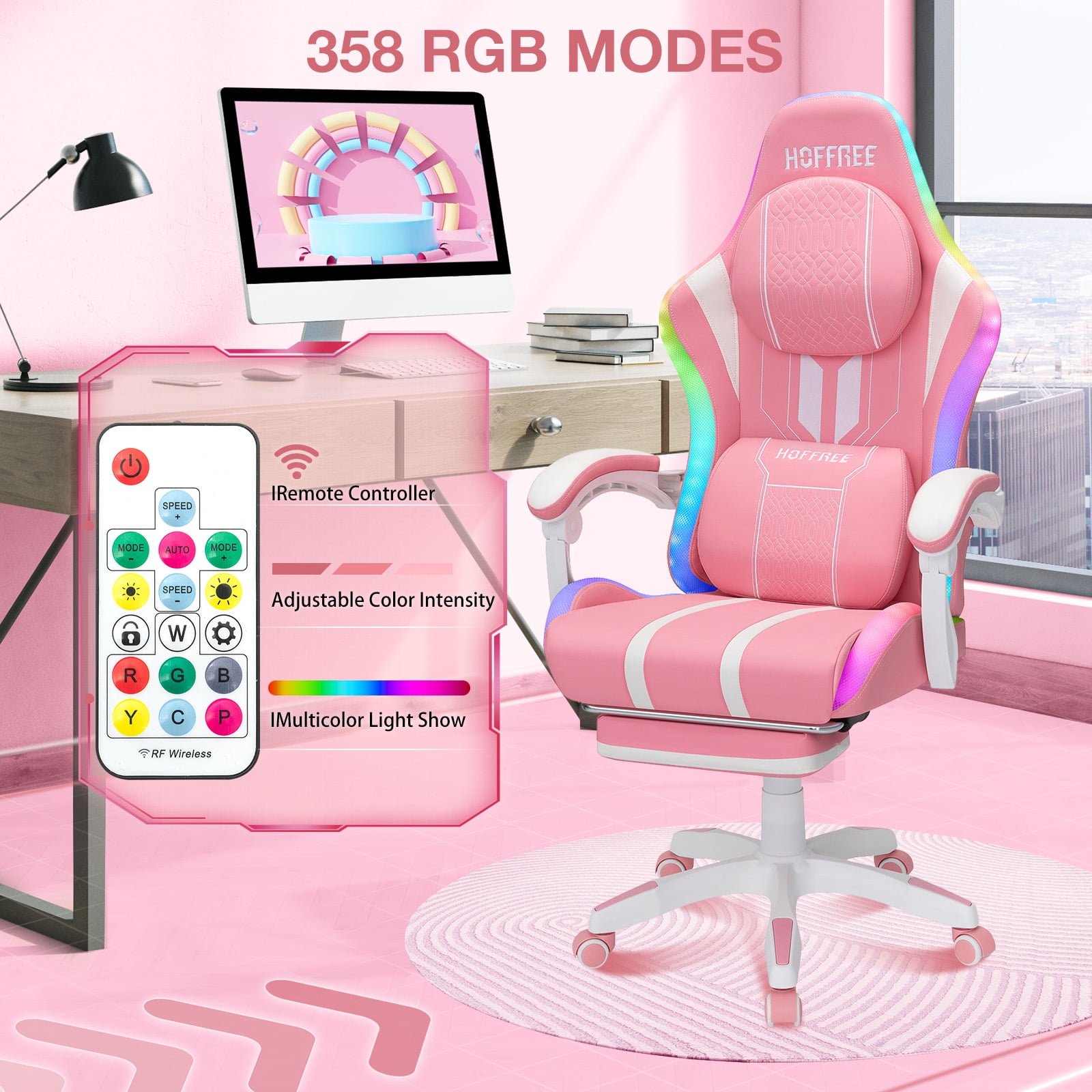 Hoffree Big and Tall Gaming Chair with Speakers Office Chair with Footrest Heavy Duty Gamer Chair with Lumbar Support Height Adjustable 360-Swivel Seat and Headrest for Adults, 400lbs