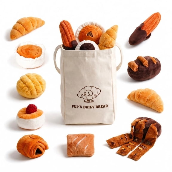 Nocciola 10PCS Bread Squeaky Plush Dog Toy Set, Interactive Snuffle Nosework Toys w Treat Pockets, Cute Crinkle Gift for Small Medium Dogs, w Storage Bag