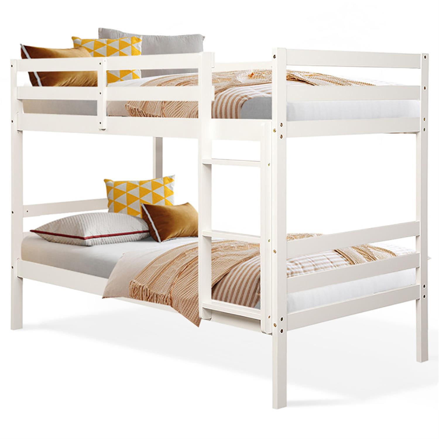 Demi Bonn Twin Size Over Wood Bunk Bed with Ladder and Safety Rail, Twin Sturdy Bunk Beds, White