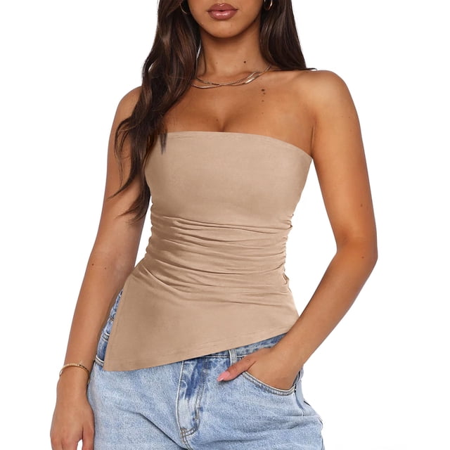 Top Tubo Sin Tirantes Fruncido Apricot Talla L PRETTYGARDEN