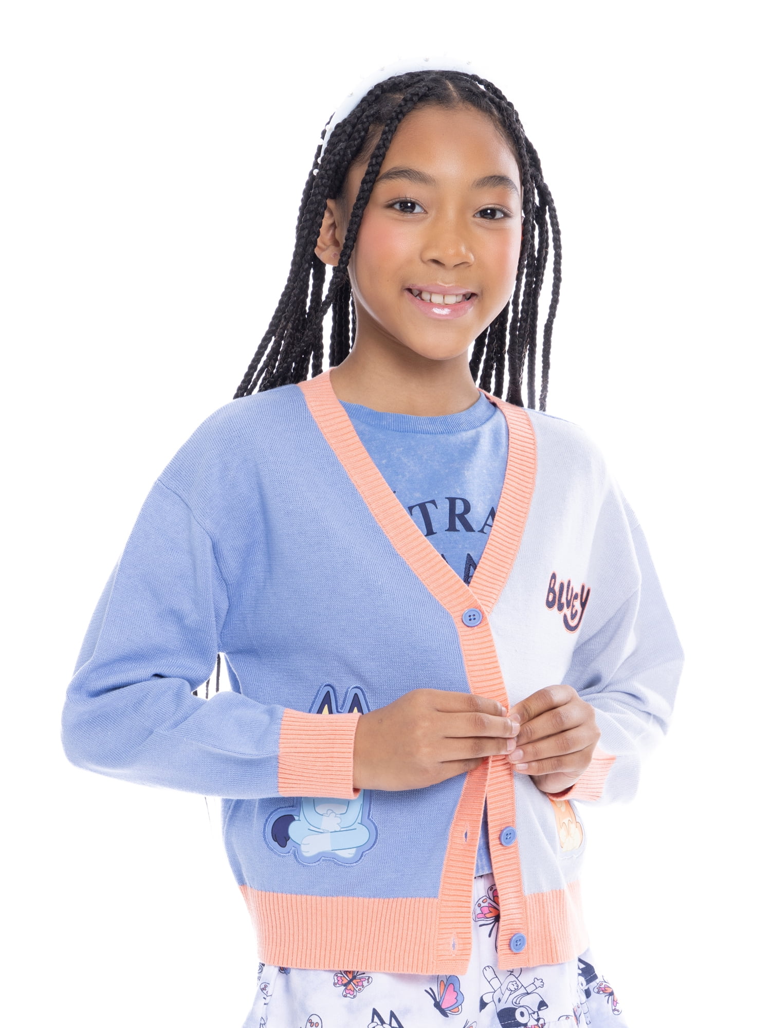 Bluey Girls Button Down Graphic Embroidery Cardigan, Sizes 4-16