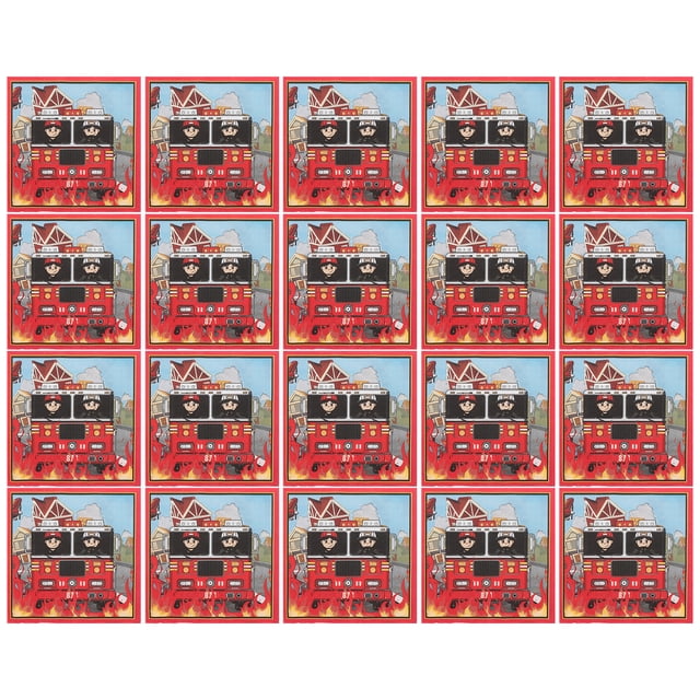 40 servilletas de papel con temática de camión de bomberos para decoración de fiestas de cumpleaños infantiles, suministros para fiestas con temática de bomberos, servilletas desechables para cena y muestra una cuadrícula frontal de servilletas rojas de 33x33 cm con un camión de bomberos ilustrado, detalles de mangueras y llamas en la base, borde rojo y fondo azul cielo.