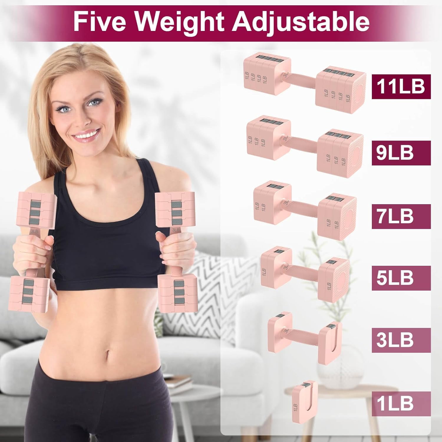 Feisi Sport Adjustable Dumbbells Set, 3-11 lbs, Home Gym, Full Body Workout, Pink, 2 Count