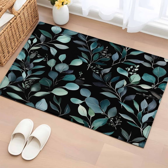 2x3 Ft Entryway Area Rug, Teal Black Botanical Kitchen Rug Runner Washable Floor Mat, Spring Eucalyptus Leaves Greenery Non Slip Indoor Door Mat Throw Carpet for Bathroom Living Room Bedroom